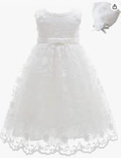 Baby Girls Lace Christening Baptism Gowns Dresses w/ Bonnet White Dress 3M New