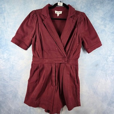 Day + Moon Burgundy Short Sleeve Wrap Romper Small Wine Red Utility Pleated