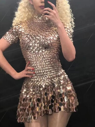 Sexy Sequins Mini Dress Costume Celebrate Rhinestone Bodysuit Birthday Dresses - Picture 29 of 30
