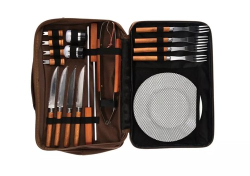 Mya Picknick BBQ Set 21-teilig Outdoor Camping Grill Holz Silberbesteck Set für 4 SCHÖN - Bild 21 von 24