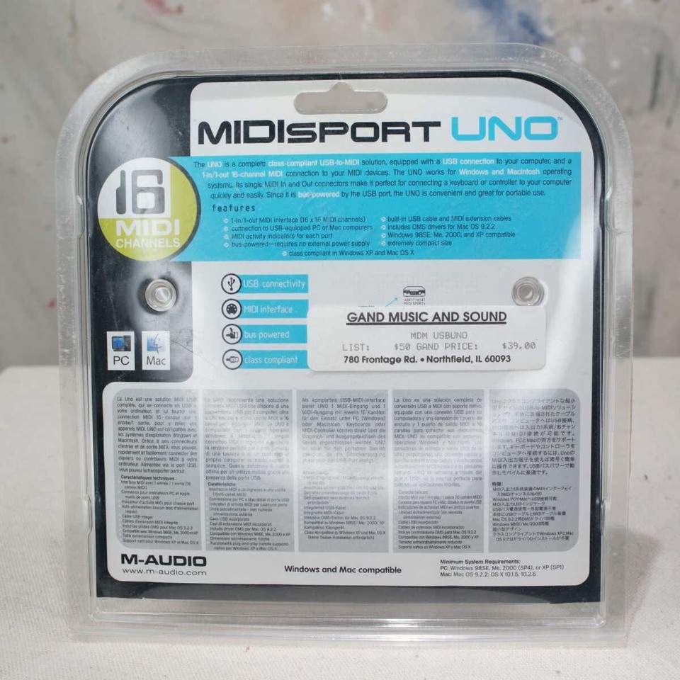 MAudio MidiSport Uno 1In/1Out Cable USB MIDI Interface Mac PC New in