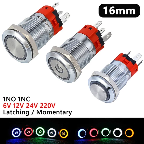 16mm Metal ON OFF Push Button Switches LED Momentary Latching IP65 5A Waterproof