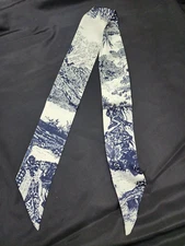 Handmade New 100%Silk Skinny Scarf Navy Ivory Art pattern Made in Korea 43X3inch