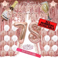 78th Birthday Rose Gold Decorations - 40" Number Balloons, Foil Curtains  More