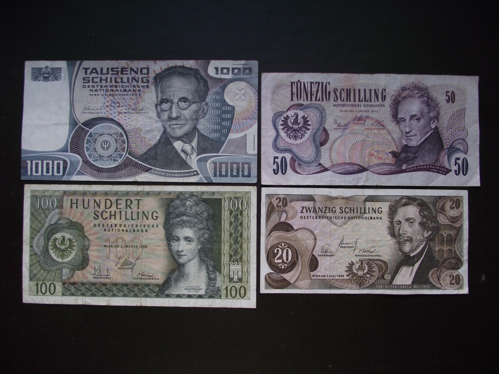 AUSTRIA (AUSTRIA). 4 BANKNOTY:1000 SCH+ 100 SCH + 50 SCH+ 20 SCH (1967-1983) Duży zysk, niska cena