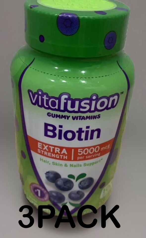 3x Vitafusion Biotin Extra Strength Gummies, Natural Blueberry, 5000 mcg, 100 Ct