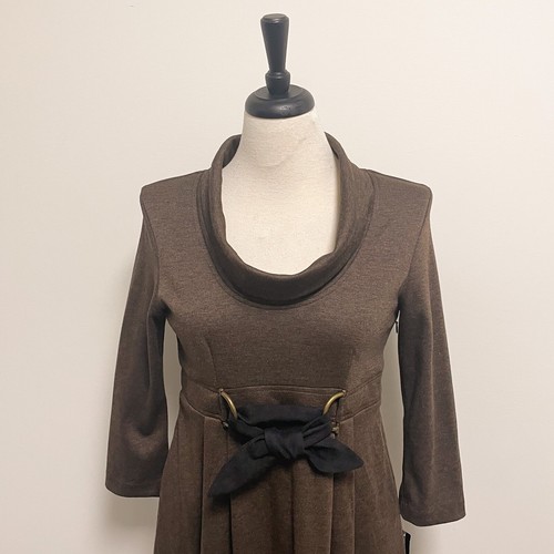 New Directions Brown Black Cowl Neck 3/4 Sleeve Tie Waist Knit Dress 8 Damask - Picture 2 of 9