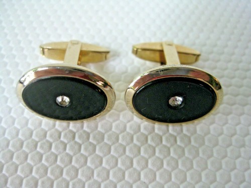 Vintage Signed Foster Cufflinks Onyx Faux Diamond Oval Gold Plated Bullet Toggle - Picture 2 of 5