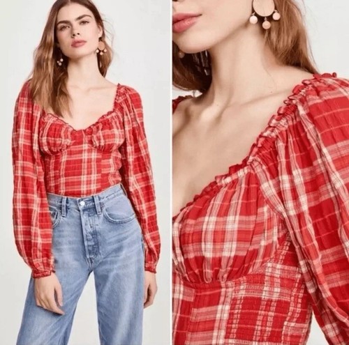 FREE PEOPLE Size S Madras Cherry Bomb Top Smocked Red Plaid Gauze Balloon Sleeve