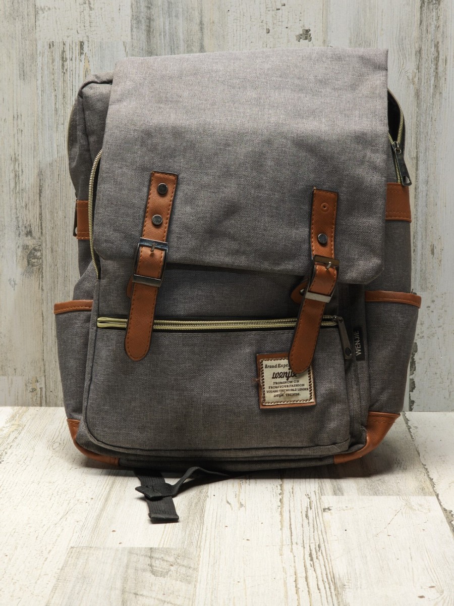 Kenox Dark Grey Canvas Brown Faux Leather Trimmed Laptop Rucksack