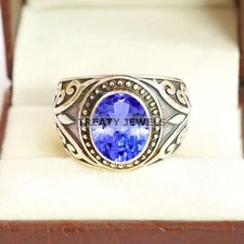 Tanzanite Oval Cut Gemstone With 925 Sterling Silver Ring For Men's #B658