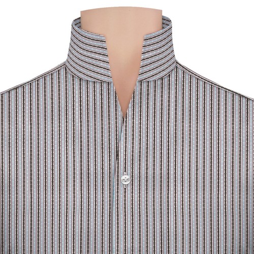 Camisa de vestir de una pieza con cuello rígido abierto alto para hombre granate puntada de cadena a rayas - Imagen 7 de 8