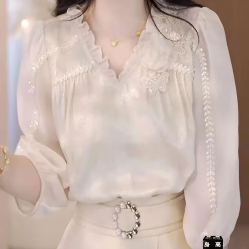 NEW Women Spring Summer Fashion V-neck Three Quarter Blouse Pullovers