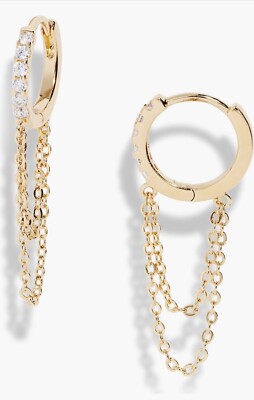 Huggies w/ dangle Chain Cubic Zirconia Gold Huggies Earrings Edgy Modern Pave