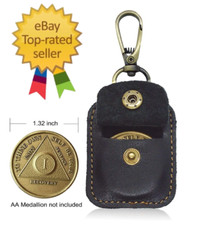 AA Medallion or Coin Holder, Leather Key Chain Snap Open Leather Case Black 