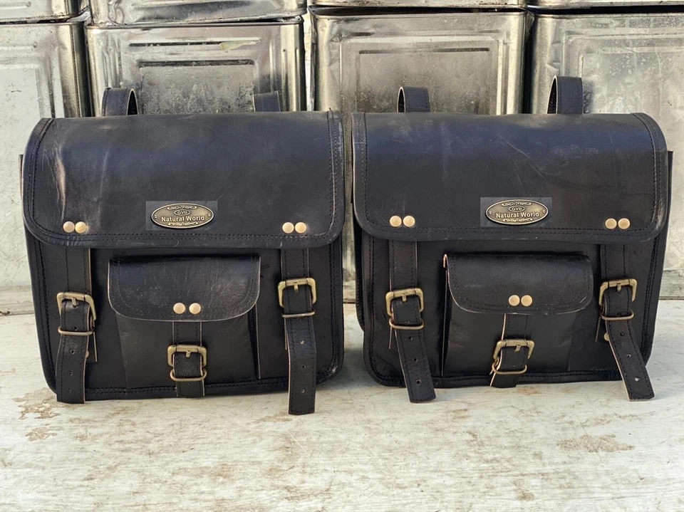 Leather Motorcycle Saddle Bags 4 Black Leather Side Pouch Panniers 4 Bags Combo - Image 2 of 4