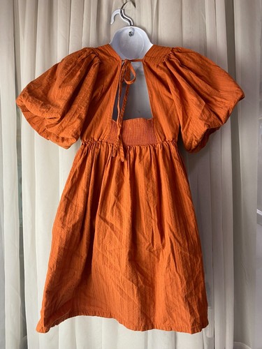 MABLE Womens Small Orange Dress 100% Cotton Lined Puff Sleeve Mini Summer Boho - Picture 6 of 13