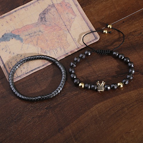 2Pcs Hematite Magnetic Therapy Bracelet Energy Hematite Crown Men Bracelets Set - Picture 4 of 5