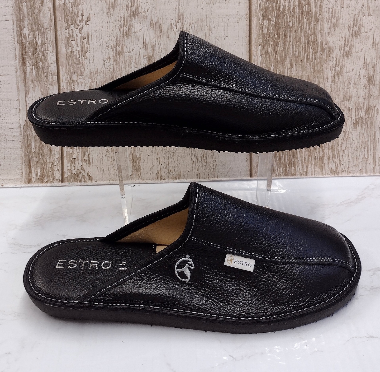 ESTRO Men's Black Leather Slip on Mule House Slippers Size 41 (8) BNIB