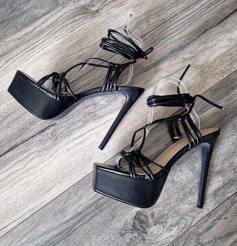 Womens Black Stiletto High Heel Tie Up Strappy Extreme Platform Sandals UK 3