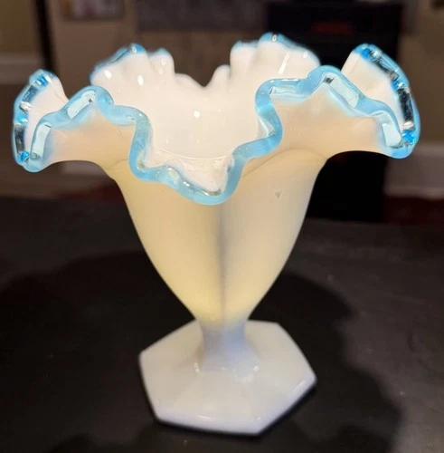 Fenton Aqua Crest Milk Glass Ruffled Top 6" Vase Vintage 1941-1953