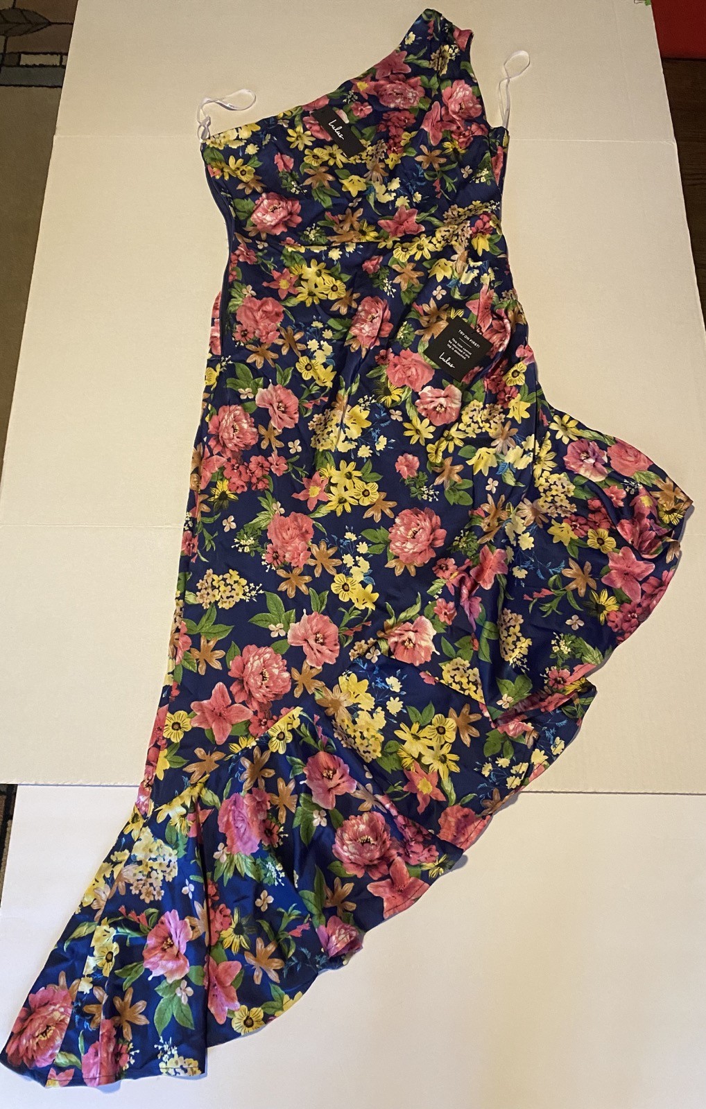 Lulus NWT Divinely Blooming Blue Multi Floral One Shoulder Midi Dress Size L
