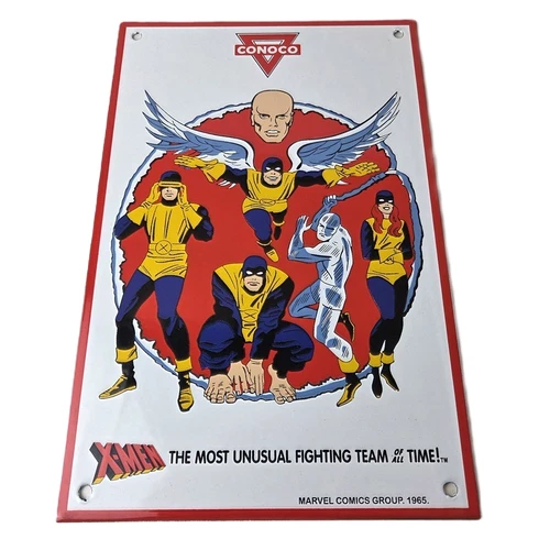 Vintage Conoco Gasoline Sign - X-Men Comics Action Figure Porcelain Pump Sign