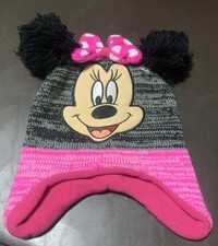 Disney Minnie Mouse Knit Beanie Hat Ears Ear Flaps Bow Pink Gray One Size Adult