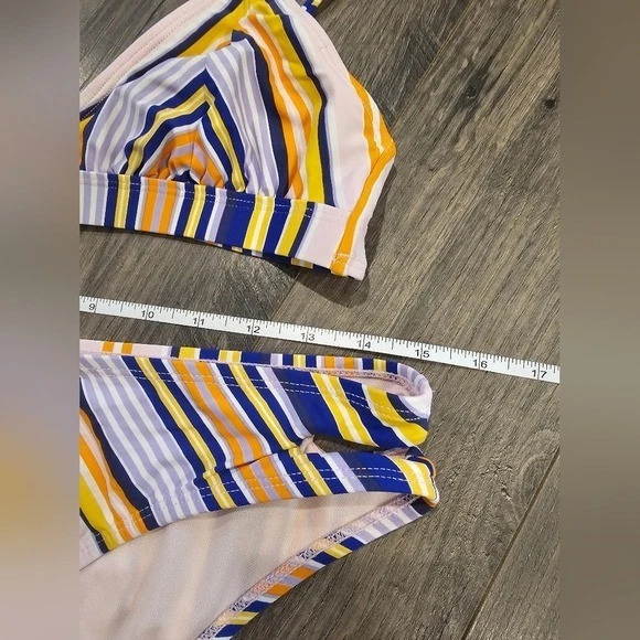 Talla L Bikini Laboratorio Púrpura Naranja Amarillo Rayas Recorte Bikini Vacaciones Primavera Foto 3 de 4