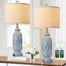 Rustic Farmhouse Lamps Set of 2 with USB Ports, 3-Way Dimmable, Bulbs Included