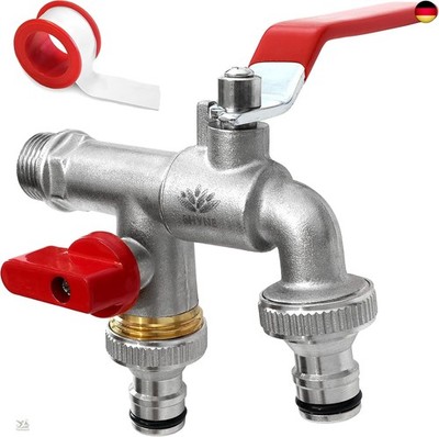SHYNE Premium 3/4-Inch Double Brass Tap, Rust- and Frost-Proof, Incl. 2 Hose
