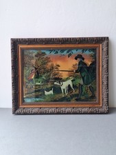 Ornate Carved Wood Frame with Hunting Scene Print Painted Glass Framed Wall Art