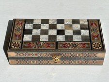 Backgammon Board & Chess Set From Lebanon - Handmade Wood Mosaic & Pearl 12”