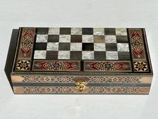 Backgammon Board & Chess Set From Lebanon - Handmade Wood Mosaic & Pearl 12”