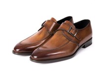 Handmade Men's Premium Leather Brown Rounded Toe Formal Buckle Monk Shoes-9