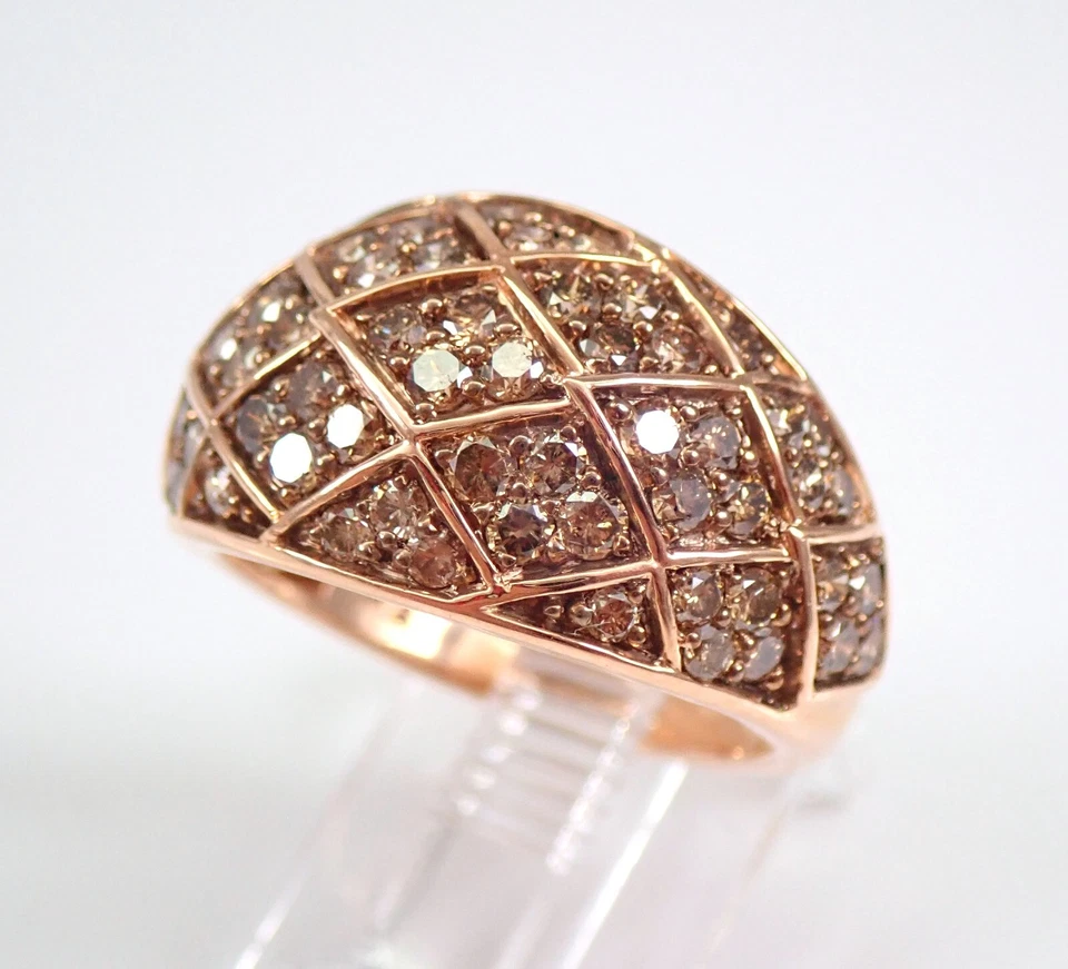 Solid Rose Gold Cognac Color Diamond Anniversary Ring Domed Cluster Wedding Band - Image 3 of 4