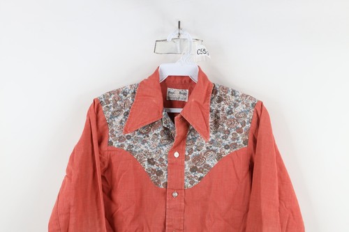 Vintage 70s Rockabilly Boys 14 Faded Chambray Western Flower Button Shirt USA - Picture 2 of 15