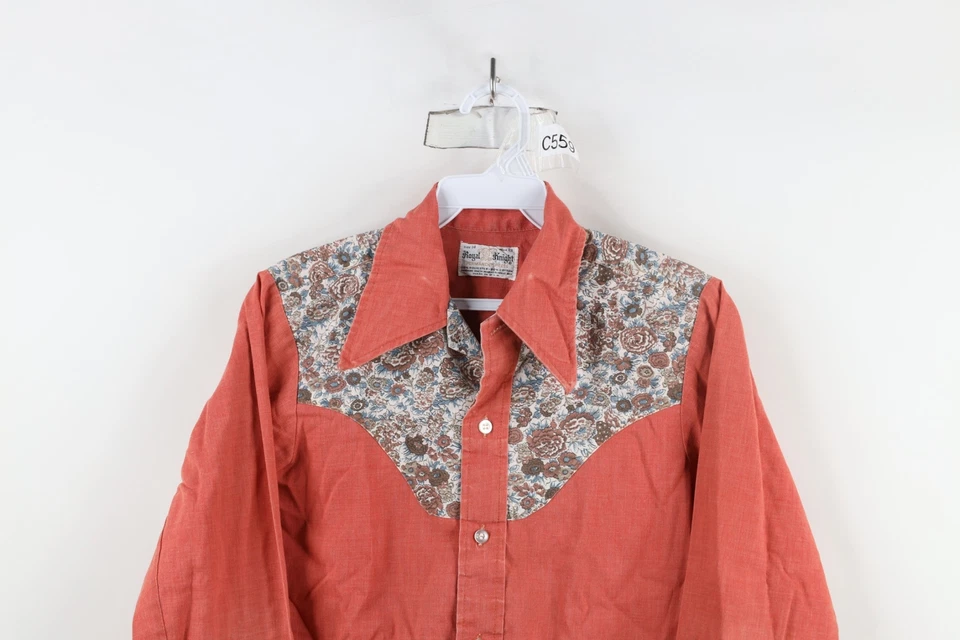 Vintage 70s Rockabilly Boys 14 Faded Chambray Western Flower Button Shirt USA - Image 2 of 4