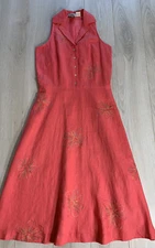 Kikki Valenti 100% Linen Pink Floral Embroidered Fit &Flare Midi Shirt Dress Sz4