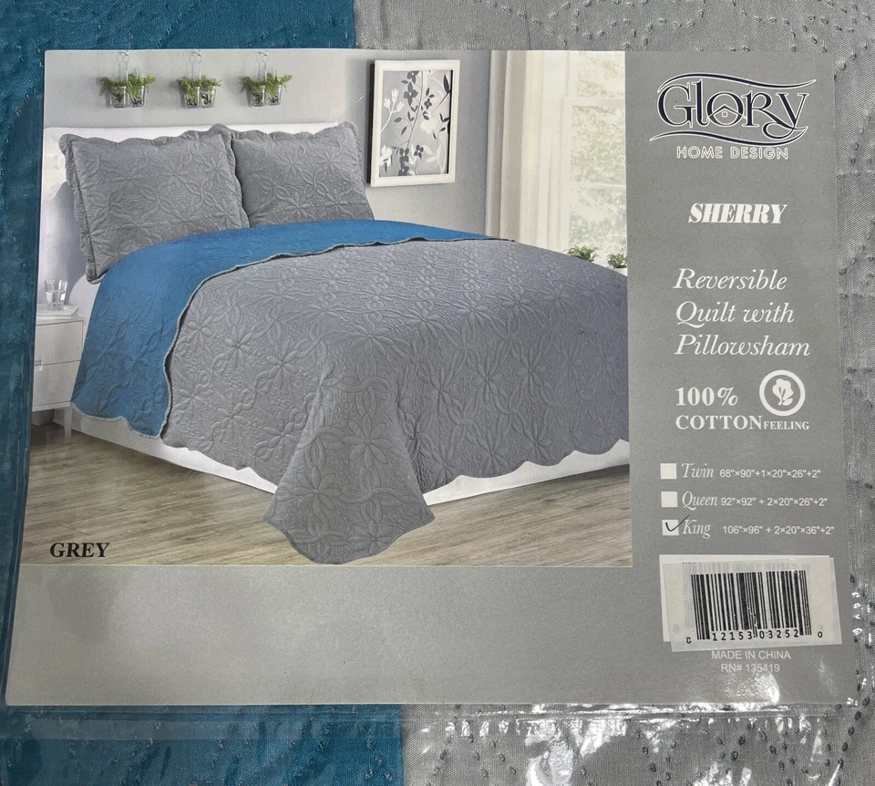 GLORY HOME DESIGN KING Sherry - 3 Piece - Solid Reversible Quilt Set - Grey - Image 2 of 4