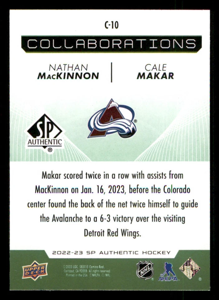 2022-23 SP Authentic Collaborations Green #C10 Nathan MacKinnon/Cale Makar - Image 2 of 2