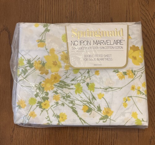 Vintage Springmaid No Iron Marvelaire Double Fitted Sheet Windrift Floral Yellow