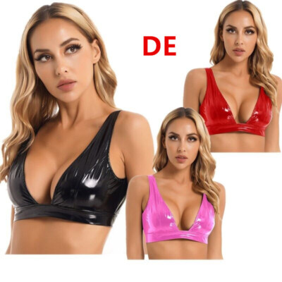 DE Damen BH Lackleder Wetlook BH Crop Top Harness Bra Bralette Dessous Clubwear