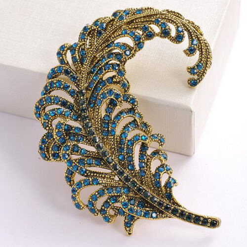 New Vintage Style Peacock Feathers Gold-tone Brooch Pin Blue Rhinestone Crystal - Picture 2 of 4
