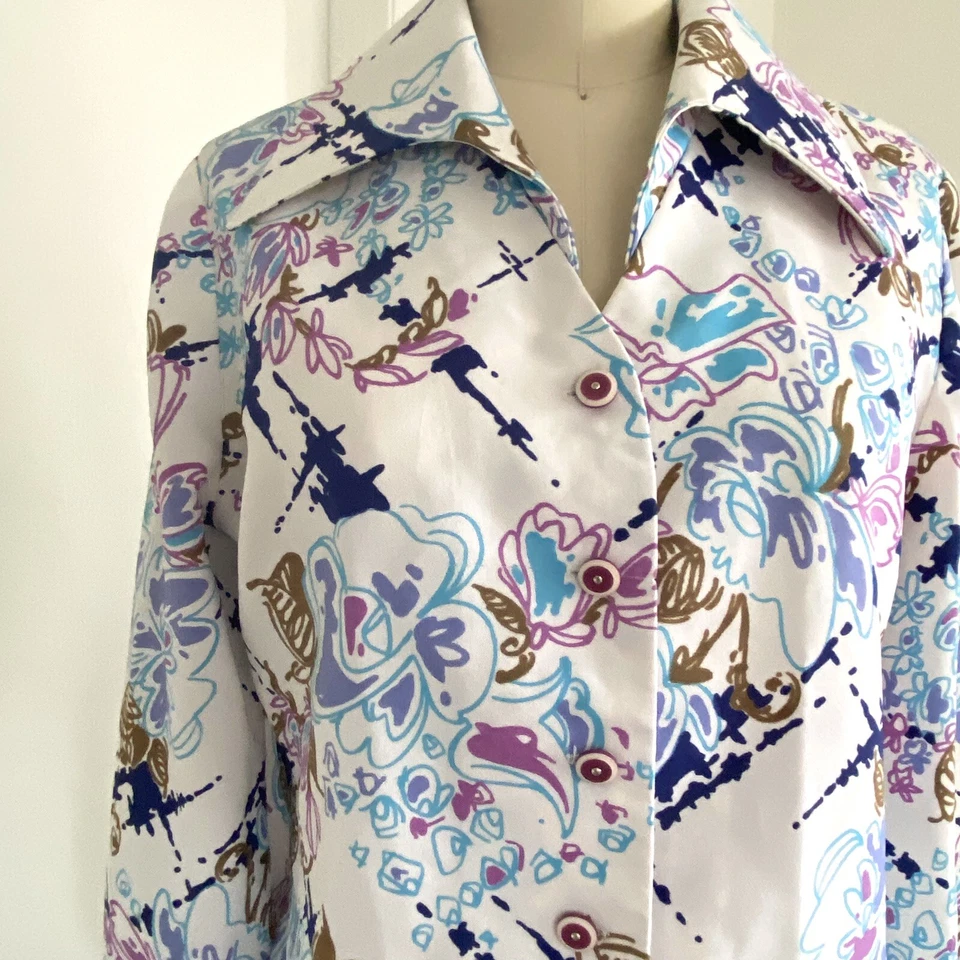 Camisa Vintage Años 70 Disco Flor Poliéster Cuello Mariposa Grande Mod M Foto 2 de 4