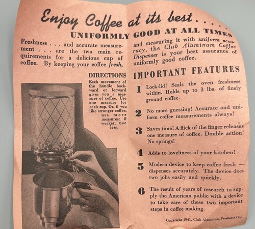 Club Aluminum Crocus Metal Wall Mounted Coffee Dispenser w/ Paperwork 1941 - Picture 8 of 11