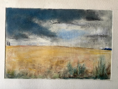 FRANZ EHMKE * 1928-2018 GDR PAINTER PASTEL MONK MILL FIELDS SKY ROGGENFELD