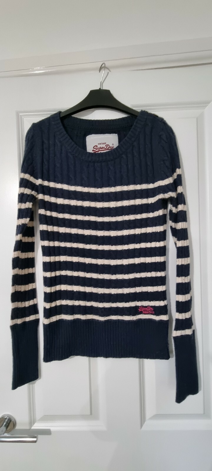 SUPERDRY PREMIUM BLACK LABEL BLUE WHITE STRIPE CABLE KNIT BUTTON SHOULDER JUMPER