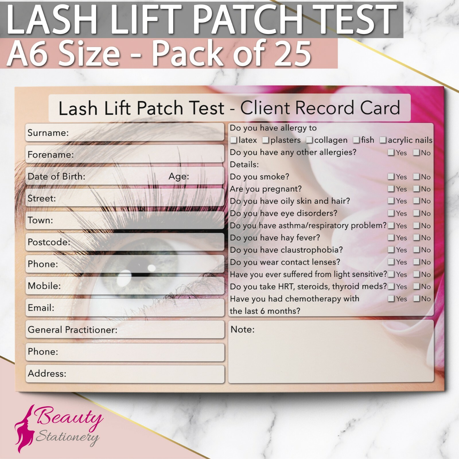 Lash Lift Patch Test Client Record Card NEW - PREMIUM Treatment Cons. A6 x25
