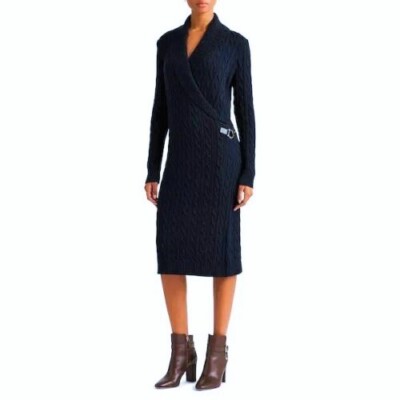 Ralph Lauren Women's Cable Knit Buckle Trim Sweater Dress